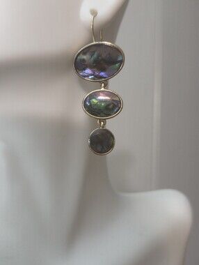 vtg monet Triple Oval Abalone Shell Dangle Earrings in Gold signed hook style